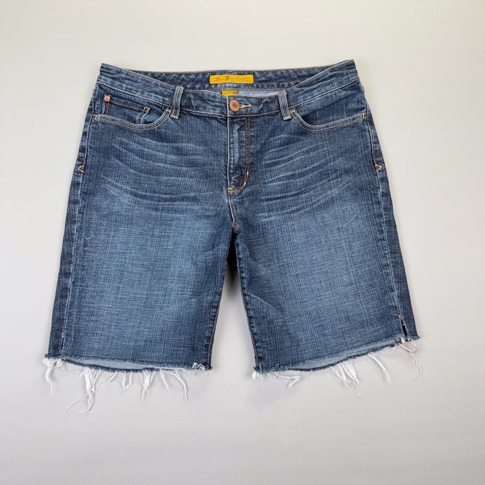Seven7 Premium Denim Bermuda Cut Off Shorts Size 14 Blue Stretch Jorts Raw Hem